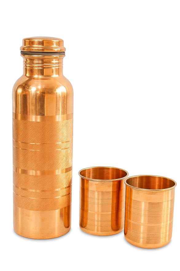 Pure Copper Water Bottle with 2 Matching Glasses | Leak-Proof Ayurvedic Drinkware Set for Daily Use | 1000ml Bottle & 2 Glasses โ Handcrafted, Durable & Elegant Finish