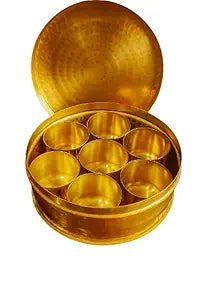 Premium Handcrafted Traditional Brass Spice Box - Medium | Anjaraipetti | Masala Dani Spice Box/Dabba/Organiser Set 7 Brass Cups
