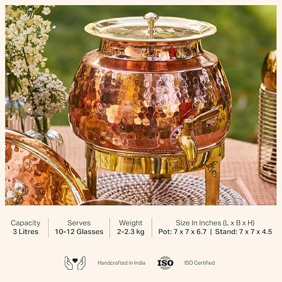 ZEENAT X Copper Water Dispenser 3L | 100% Pure Copper Pot/Matka with Prefitted Leakproof Brass Tap, Lid and Stand