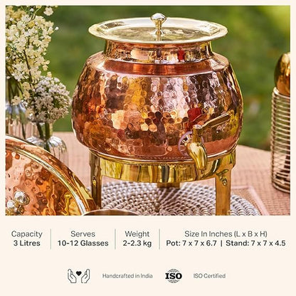 ZEENAT X Copper Water Dispenser 3L | 100% Pure Copper Pot/Matka with Prefitted Leakproof Brass Tap, Lid and Stand