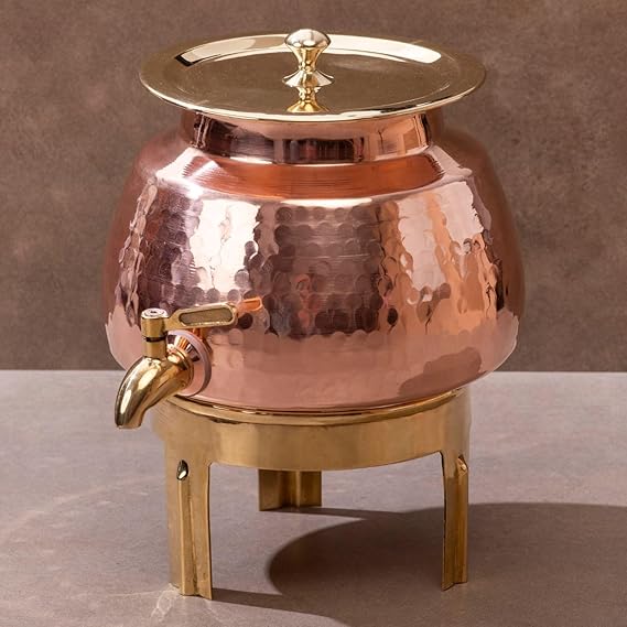 ZEENAT X Copper Water Dispenser 3L | 100% Pure Copper Pot/Matka with Prefitted Leakproof Brass Tap, Lid and Stand