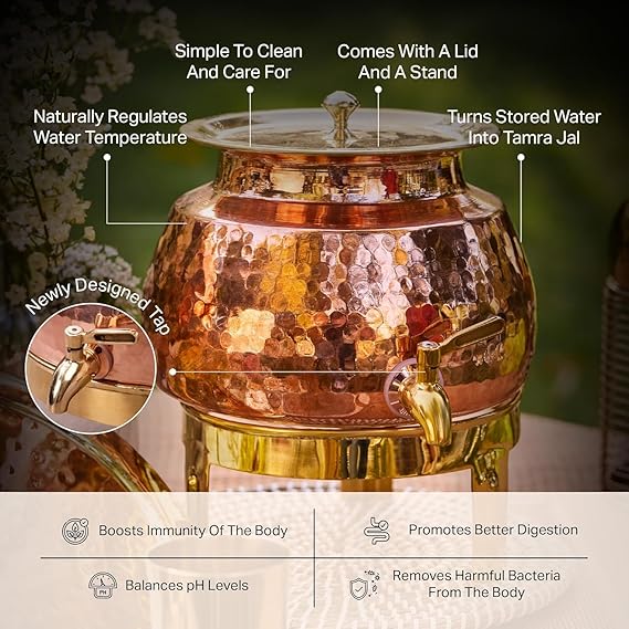 ZEENAT X Copper Water Dispenser 3L | 100% Pure Copper Pot/Matka with Prefitted Leakproof Brass Tap, Lid and Stand