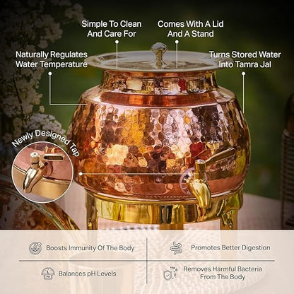 ZEENAT X Copper Water Dispenser 3L | 100% Pure Copper Pot/Matka with Prefitted Leakproof Brass Tap, Lid and Stand