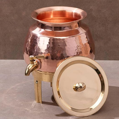 ZEENAT X Copper Water Dispenser 3L | 100% Pure Copper Pot/Matka with Prefitted Leakproof Brass Tap, Lid and Stand