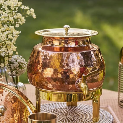ZEENAT X Copper Water Dispenser 3L | 100% Pure Copper Pot/Matka with Prefitted Leakproof Brass Tap, Lid and Stand