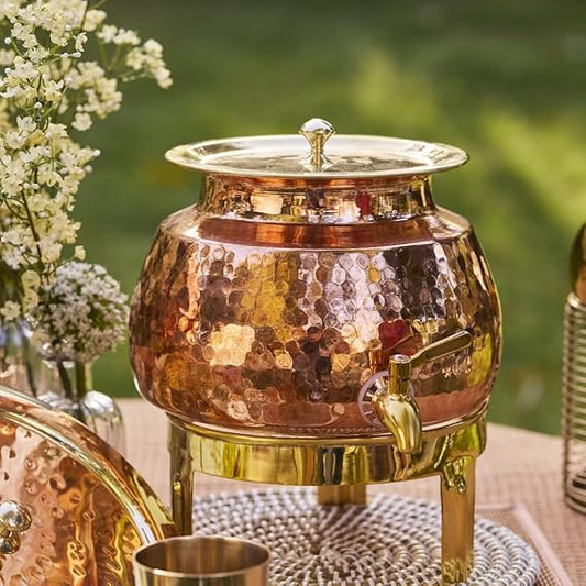 ZEENAT X Copper Water Dispenser 3L | 100% Pure Copper Pot/Matka with Prefitted Leakproof Brass Tap, Lid and Stand