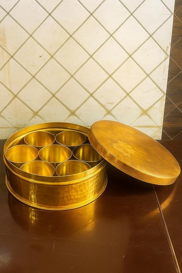 Premium Handcrafted Traditional Brass Spice Box - Medium | Anjaraipetti | Masala Dani Spice Box/Dabba/Organiser Set 7 Brass Cups