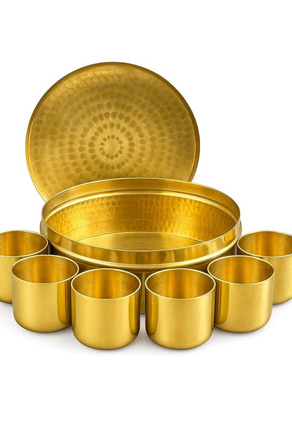 Premium Handcrafted Traditional Brass Spice Box - Medium | Anjaraipetti | Masala Dani Spice Box/Dabba/Organiser Set 7 Brass Cups