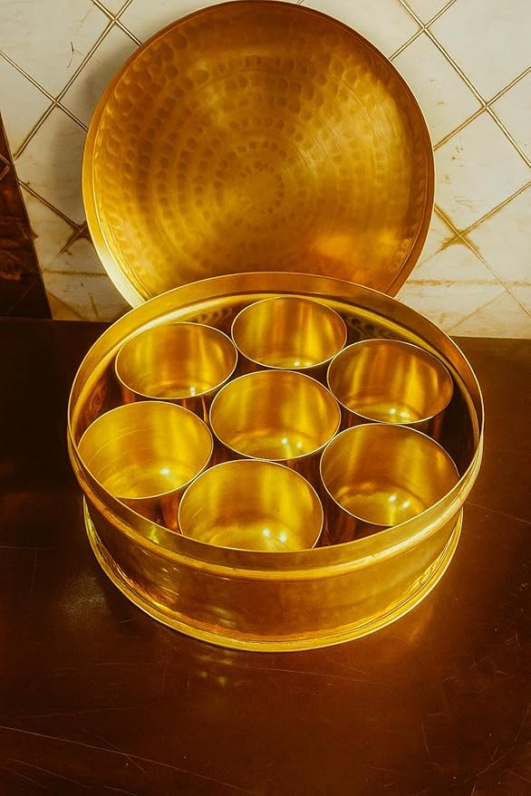 Premium Handcrafted Traditional Brass Spice Box - Medium | Anjaraipetti | Masala Dani Spice Box/Dabba/Organiser Set 7 Brass Cups