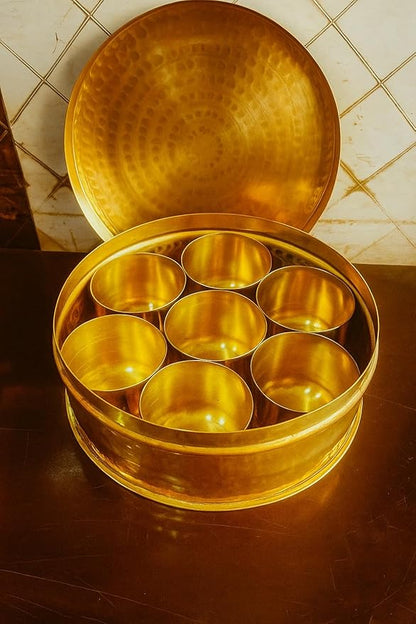 Premium Handcrafted Traditional Brass Spice Box - Medium | Anjaraipetti | Masala Dani Spice Box/Dabba/Organiser Set 7 Brass Cups
