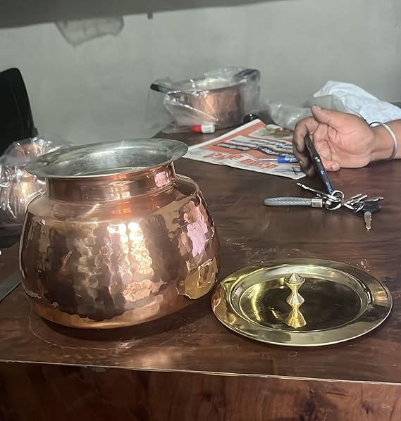 ZEENAT X Copper Madurai Handi Tin Coated with Lid 100% Pure Copper Degchi Teflon/Chemical Free Cooking Biryani Handi for Kitchen