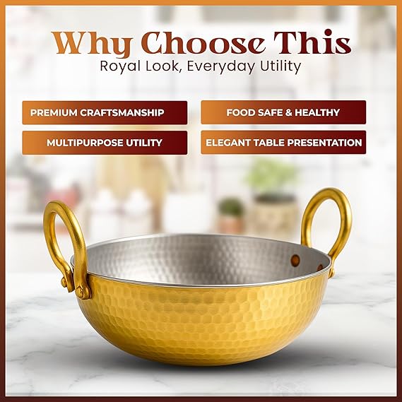 ZEENAT X Pure Brass Kadai for Cooking with Handles - Strong & Durable - Best Heat Distribution & Handcrafted Golden Antique Finish - Natural Antibacterial Properties - 1.5L, 1350g