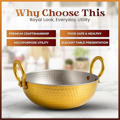 ZEENAT X Pure Brass Kadai for Cooking with Handles - Strong & Durable - Best Heat Distribution & Handcrafted Golden Antique Finish - Natural Antibacterial Properties - 1.5L, 1350g