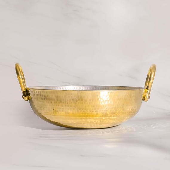 ZEENAT X Pure Brass Kadai for Cooking with Handles - Strong & Durable - Best Heat Distribution & Handcrafted Golden Antique Finish - Natural Antibacterial Properties - 1.5L, 1350g