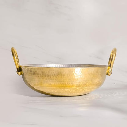 ZEENAT X Pure Brass Kadai for Cooking with Handles - Strong & Durable - Best Heat Distribution & Handcrafted Golden Antique Finish - Natural Antibacterial Properties - 1.5L, 1350g
