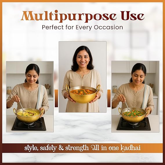 ZEENAT X Pure Brass Kadai for Cooking with Handles - Strong & Durable - Best Heat Distribution & Handcrafted Golden Antique Finish - Natural Antibacterial Properties - 1.5L, 1350g