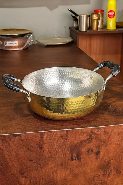 Brass Kadhai 3L with Insulated Heat-Resistant Handle and Glass Lid | 100% Pure Brass Tin Coated Kadai for Cooking | Non-Stick and Chemical-Free (Free 30ml Copper & Brass Cleaning Solution)