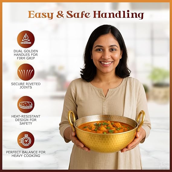 ZEENAT X Pure Brass Kadai for Cooking with Handles - Strong & Durable - Best Heat Distribution & Handcrafted Golden Antique Finish - Natural Antibacterial Properties - 1.5L, 1350g