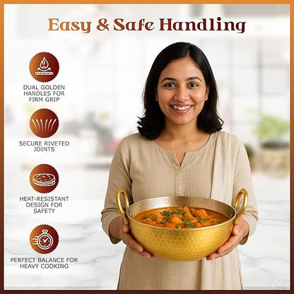 ZEENAT X Pure Brass Kadai for Cooking with Handles - Strong & Durable - Best Heat Distribution & Handcrafted Golden Antique Finish - Natural Antibacterial Properties - 1.5L, 1350g