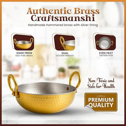 ZEENAT X Pure Brass Kadai for Cooking with Handles - Strong & Durable - Best Heat Distribution & Handcrafted Golden Antique Finish - Natural Antibacterial Properties - 1.5L, 1350g