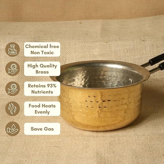 ZEENAT X Brass Sauce Pan |Tapeli | Patila | Bhagona for Milk | Tea with Tin Coating Inner Side | Kalai | Serving Sauce Pan for with Handle for Serving & Cooking (1.5 litres)