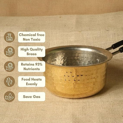 ZEENAT X Brass Sauce Pan |Tapeli | Patila | Bhagona for Milk | Tea with Tin Coating Inner Side | Kalai | Serving Sauce Pan for with Handle for Serving & Cooking (1.5 litres)
