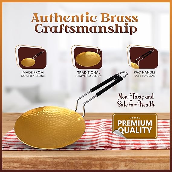 ZEENAT X Brass Roti Tawa - Teflon-Free, Non-Toxic Roti Tawa with PVC Handle - Pure Pital Brass Flat Pan for Chapati, Paratha & Healthy Cooking