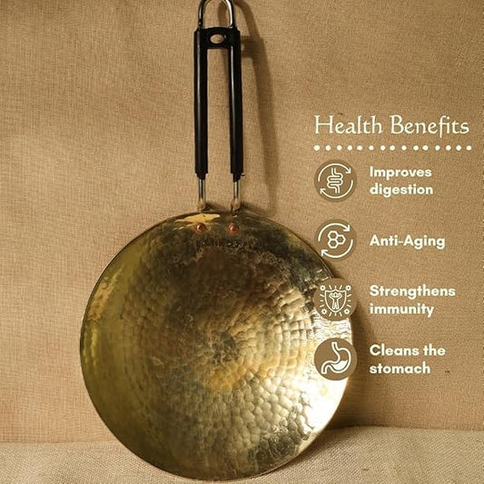 ZEENAT X Brass Roti Tawa - Teflon-Free, Non-Toxic Roti Tawa with PVC Handle - Pure Pital Brass Flat Pan for Chapati, Paratha & Healthy Cooking