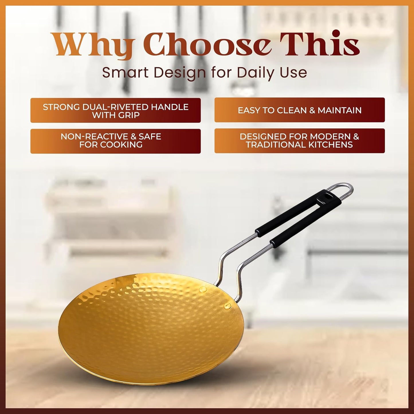 ZEENAT X Brass Roti Tawa - Teflon-Free, Non-Toxic Roti Tawa with PVC Handle - Pure Pital Brass Flat Pan for Chapati, Paratha & Healthy Cooking