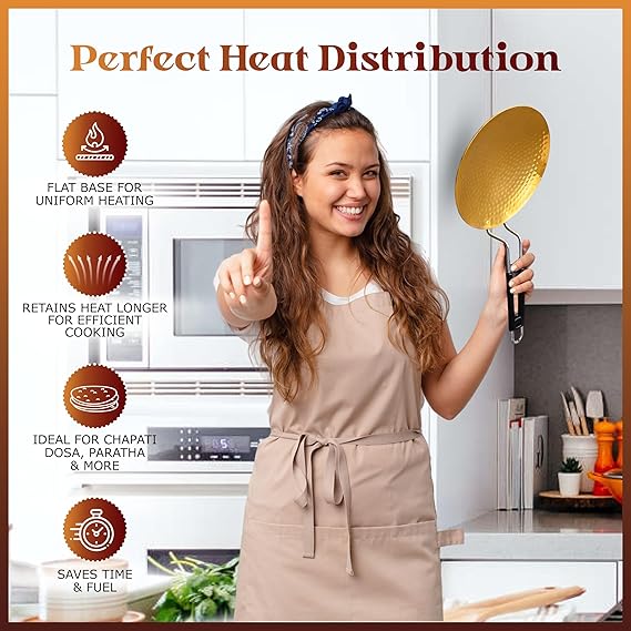 ZEENAT X Brass Roti Tawa - Teflon-Free, Non-Toxic Roti Tawa with PVC Handle - Pure Pital Brass Flat Pan for Chapati, Paratha & Healthy Cooking