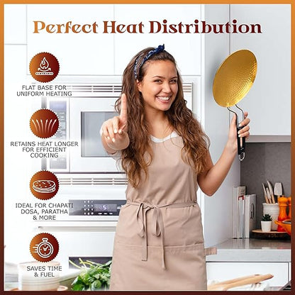 ZEENAT X Brass Roti Tawa - Teflon-Free, Non-Toxic Roti Tawa with PVC Handle - Pure Pital Brass Flat Pan for Chapati, Paratha & Healthy Cooking